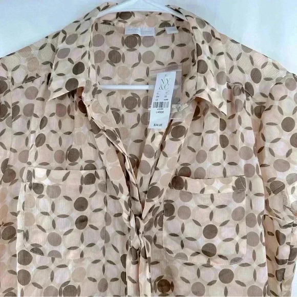 NWT New York & Company Stretch Cup Sleeves Front Tie Blouse Ivory Multi Size L - Picture 3 of 11